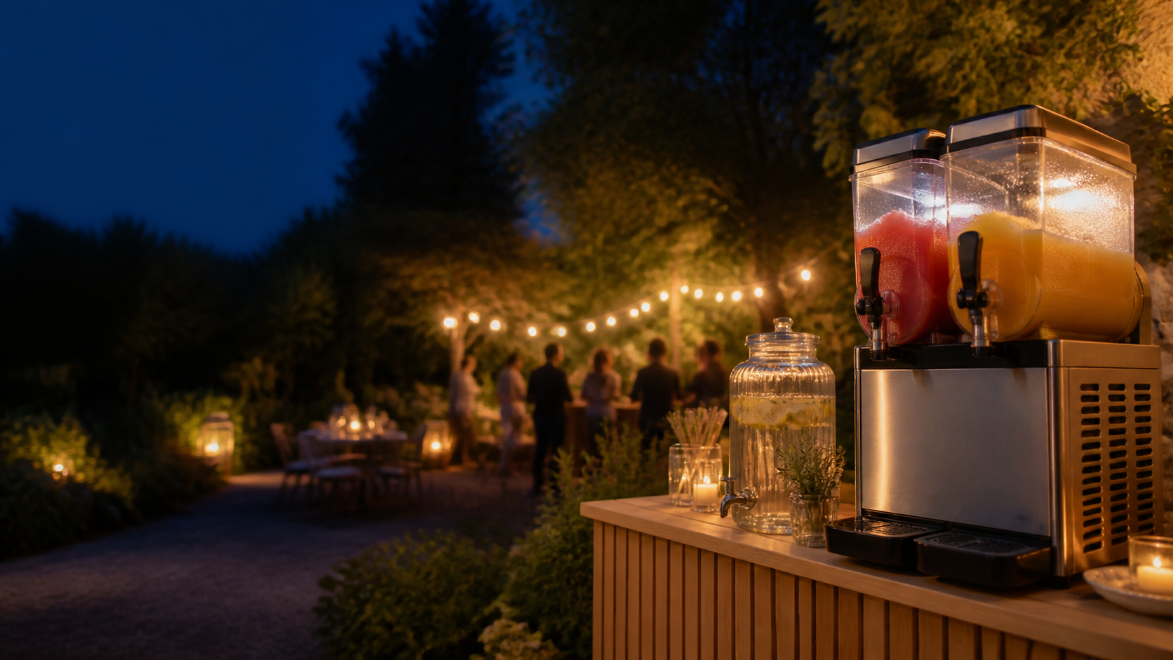 Slush-Maschine bei einer stimmungsvoll beleuchteten Gartenfeier am Abend